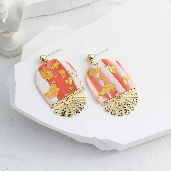 Cotton Candy Pink Marbled Gold Abstract Mixed Media Drop Earrings - Picture 1 of 6